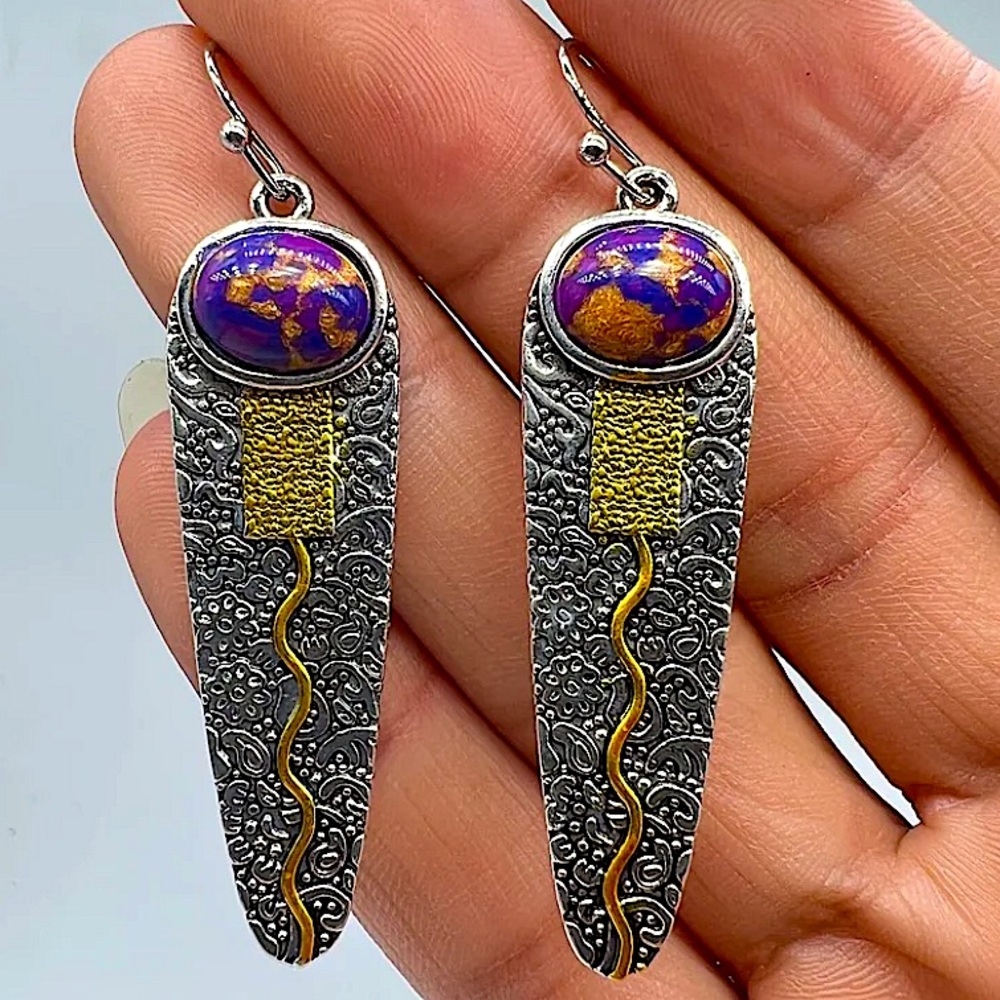Silver Vintage Handmade Boho Purple Stone Geometric Irregular Dangle Earrings